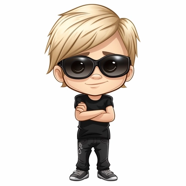 simple clipart cartoon of with a 4-year-old boy with blond hair and sunglasses, wearing a plain black T-shirt with arms crossed on a white background