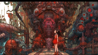 The little girl stands in the huge temple of pipes and machinery, surrounded by steam, giant gears and machine giants with their bodies cut off,an anime clipart image showing another robot in a factory, in the style of surrealistic grotesque, colorful moebius, silver and red, intricate underwater worlds, focus on joints/connections, contrast of scale,