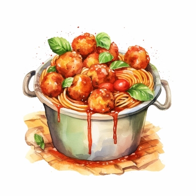watercolor clip art of a bucket of spaghetti and meatballs