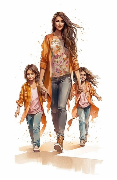 DESIGN A MAGNIFICENT AND EXQUISITE BREATHTAKING ONE-OF-A-KIND HIGH QUALITY HIGHLY DETAILED MASTERPIECE WATERCOLOR CLIPART ILLUSTRATION OF A STUNNING LATINA woman walks with two little children holding back the man's hands, in the style of realistic hyper-detailed portraits, fashion illustrations, ashcan school, aquarellist, anime art, beautiful women, warm tones, ULTRA REALISTIC, WHITE BACKGROUND
