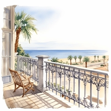 coastal view from a balcony , very detailed and realistic, watercolor, white background with margins, clipart style
