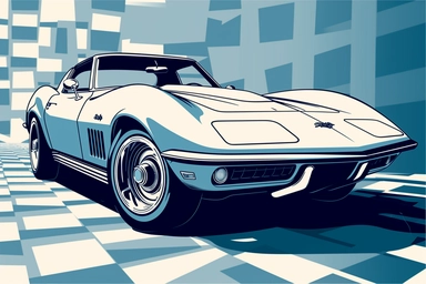 A clipart cartoonish vector, duotone wallpaper of a classic c3 corvette car, blue and white