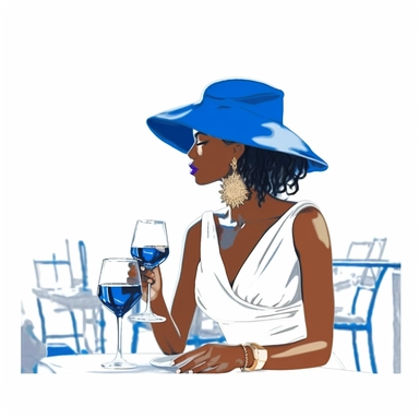black woman in royal blue dress wearing a white sunhat sipping wine from a glass sitting elegantly at outdoor restaurant in france, hand drawn clipart, in the style of a fashion design mockup