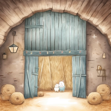 A watercolor painting inside a cute old open barn with hay and straw the doors are open in Bethlehem, Christmas, cute detailed digital art, inspired by nicoletta ceccoli, by Kubisi art, whimsical and cute, by nicoletta ceccoli, cute detailed artwork, glimmering, adorable and whimsical, whimsical art, Clipart style, png style, svg style, blank white background, a solid white background