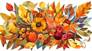 watercolor fall illustration. autumn leaves, sunflower, maple leaf, rowan berries, oak, acorn arragement. thanksgiving clipart , cubism art style, high quality, high resolution, clean detailed