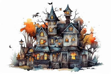 haunted house, halloween, folk art, watercolor, clipart elements, smooth gradients, black contour outline, ultra detailed, white background, super clear, high quality