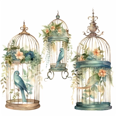 watercolor shabby chic Boho Clipart in blues and greens and neutrals, floral wedding bird cages with greenery inside , gorgeous watercolor high detail, pretty boho colors, different elements