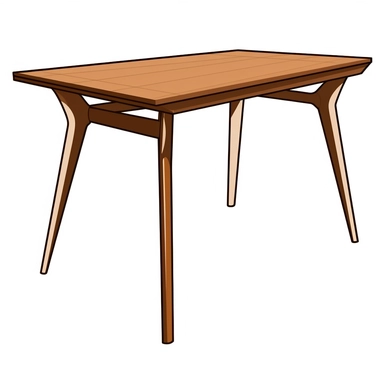 clipart design sticker of a midcentury teak rectangular dining table, no text, white ground