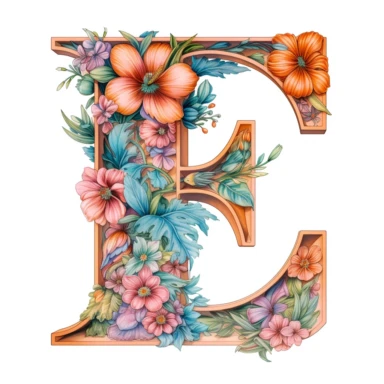 Detailed drawing in colored pencil style of letter E on white background, floral elements, pastel color palette, isolated white background, clipart, uhd