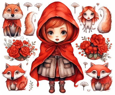 red riding hood clipart, vector art, clip art, clipart, in the style of claudia tremblay, birds & flowers, kawaii manga, realistic watercolors, dark white and light orange, eleanor fortescue-brickdale, isolated figures