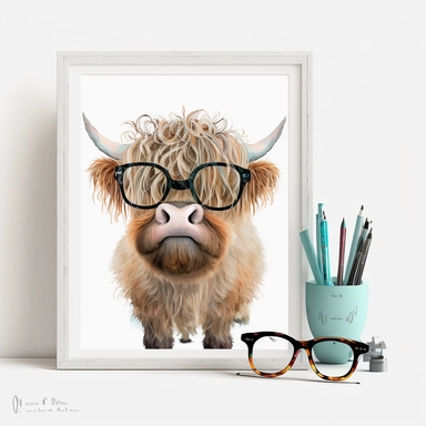 highland cow and glasses watercolor Clipart, Cute Baby Shower Graphics, Nursery Decor Wall Art, Scotland Farm Animal , big eyes on a white background with