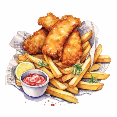 a delightful watercolor, hyper-realistic clipart image with a white background and white margins, showcasing a plate of crispy fish and chips. The ultra-detailed, hand-drawn elements capture the golden batter and tender fish. Use whimsical touches to add a sense of freshness, and bold shades of yellow and brown to evoke the comforting and satisfying nature of this classic fast food dish