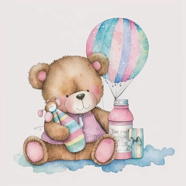 an ultra Cute little baby teddy bear wearing pink striped pyjamas romper with a pink baby bottle and pacifier sitting on a pink fluffy rug, watercolour, cute,, isolated on white background, Clipart