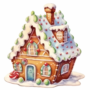 a watercolor gingerbread house, ExoticSerene color pallete, on a white background, gingerbread walls, gingerbread house, gingerbread models, gingerbread, watercolor pencil drawing style, on a white background, clipart, cartoonish style, full body, in the style