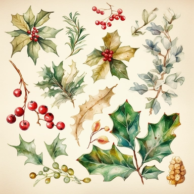 Generate a set of watercolor clipart images with a Christmas theme, featuring delicate and intricate designs of traditional holiday symbols like snowflakes, holly leaves, mistletoe, Christmas trees, and ornaments. The images should have crisp lines and clear outlines, with a high level of detail and subtle colors to make them elegant and beautiful. Please generate the images at the highest quality possible, with a resolution of at least 300 dpi and a size of 8x8 inches