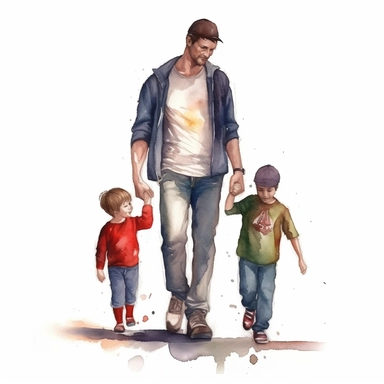 Watercolor Clipart, a man holding hands with child, watercolor cartoon, white background, computer art, digital illustration, detailed painting, realistic, high quality