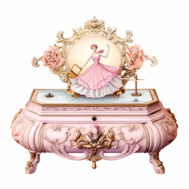 An lid open Victorian Antique Music Box with ballerina figurine spins around ornate carvings and a melodious tune clipart isolated on white background, soft pastel colors, soft pastel flower, in the style of realistic watercolors, feminine sensibilities, detailed illustrations, made of all of the above, in style of Willem Haenraets