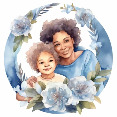 cute watercolor clipart with dark skinned older mom and adult childrens hugging echother in circle, beautiful, hight quality, pastel colors, white background, decorated with blue peonies