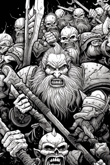 realistic style, bold black lines, fantasy dwarf armies in combat with orcs using axes and hammers hitting themed colouring page, bold black lines, clipart, digital art, colouring page for adults