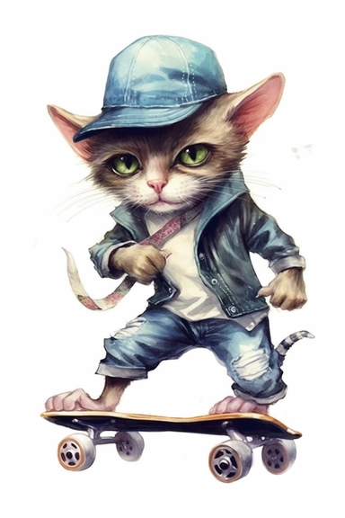 watercolour gangster cat on skateboards clipart, white background,