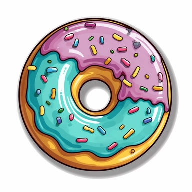 A vibrant and playful sticker design featuring a cartoon donut in a lively clipart style. The donut should have a perfectly round shape with a generous hole in the center, and its icing should appear smooth and glossy, dripping slightly down the sides creating a visually appealing effect. The icing color can be a cheerful and vivid pastel shade, such as pink or light blue, with contrasting sprinkles scattered evenly on top. The donut's texture should portray a soft and fluffy dough, inviting the