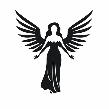 An Angel: An image of an angel with spread wings embodies the heavenly grace and purity of the adored one. It symbolizes the deep admiration and protection you feel for that person. simple graphic, clipart, black and white