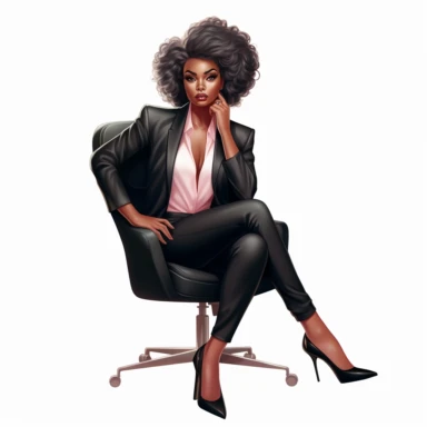 Black woman, ceo boss* * Boss lady black girl clipart, pink hair, pink blouse with puff sleeves, black pants, black girl seated, beautiful black girl, white background,