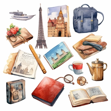 watercolor travel guide book clipart on white background