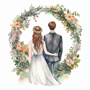 watercolor The middle circle of newlyweds with their arms around in the park. back view Bridal veil with flowers and leaves adorning her hair. hair up with flowers vividly bold designs png realistic cartoon in 32K UHD cute. 15 cm thick outline. Black color. There was no shadow on the ground. 8k with realistic watercolors. and detailed illustrations. PNG clipart, transparent white background