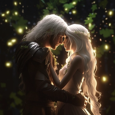 Clipart, cinematic lighting, cute couple of elf lovers, kiss , white hair, green eyes, fantasy background, 8k, darkness& light
