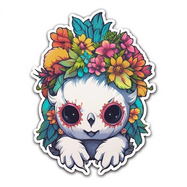 Sticker, Thick border. Creepy and weird little animal with flowers on its head, in the style of concept art, cryptopunk, elihu vedder, unique yokai illustrations, soft-edged, rtx on, cute and colorful. clipart, solid white background