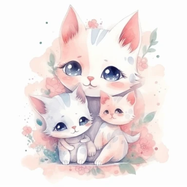 watercolor clipart of an adorable cute cat hugging mom and baby wearing nice clothes, different lateral standing poses, perfect both ears and hands, different colors, a few flowers decor, cute cartoon animal