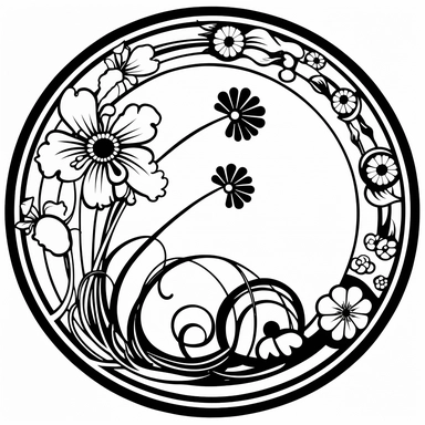 Left aligned, bottom aligned, quarter of a circle, art nouveau style, black lines, detailed, flat design, flat flowers, white background, Black and white only, clipart style,