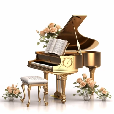 vercace luxury gold piano with a seat, roses and a music book digital clipart on white background