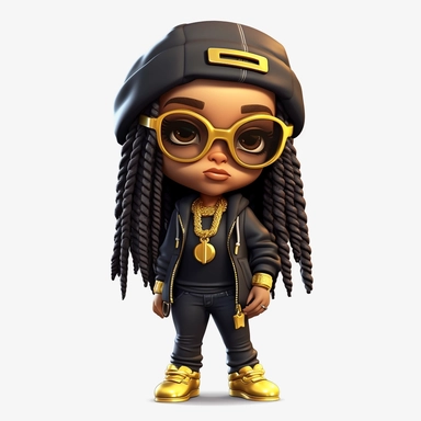 A black chibi girl incarnate in a 3d white gangsta tshirt white fullcap gold chains PNG, Black hip hop girl png, Afro fashion girl black clipart, Black girl Dreadlock png, black magic girl