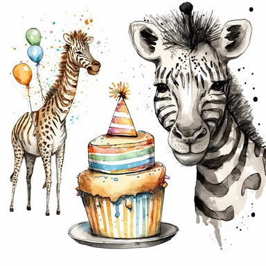 3 clipart set, with lion wearing birthday hat, zebra eating birthday cake, giraffe holding present, white background, illustration, drawing, doodle, aquarelle