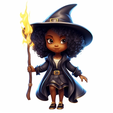 cute semi-realistic 3d black girl wizard clipart, isolated on white background