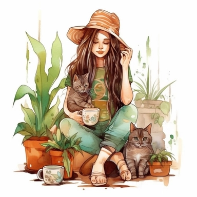 A boho style realistic cute boho girl with a cute cat at the boho style home with watercolor effect, boho style tools, boho style big window, boho style details, boho colors, suitable for digital clipart, white background, boho style green plants, boho flowers, realistic features