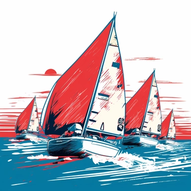 Blue and red and clipart, illustration type 3 sealing boats are in the midst of a sailing competition, and the tension and excitement of the race is palpable. All these should be in one line with long distance and coming toward. The crew members are focused and intense, determined to steer their boat to victory. The boat that is leading the race is depicted in the foreground, with its crew members cheering and celebrating their success.