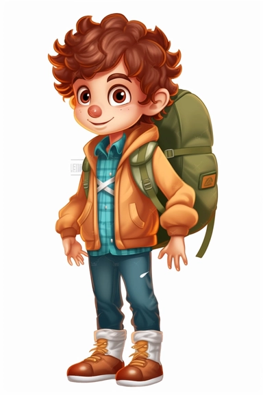 cute boy ages 6 years old curly brown hair in a camping outfit, no background, cartoon style, clipart, transparent background