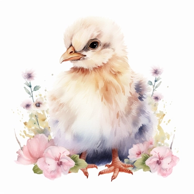 hyperrealistic high detailed watercolor floral baby chicken clipart, white background