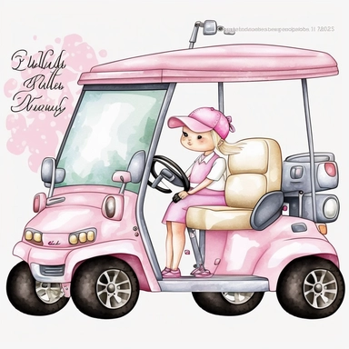 Golf Cart Watercolor, Pink Golf Cart Sports Girl Clipart Nursery Golfer PNG Commercial Use Vehicle Cars Golf Cart PNG Illustration Golf Club