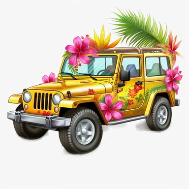 painting of 4 door jeep painted with hawaiian flowers, cartoon, clipart, no background, 8k