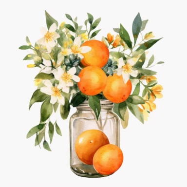 Create a watercolor oranges clipart with glass nd bouquets