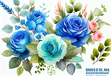 Watercolor Flowers Clipart Bright Blue Roses Green Leaves Branches Floral Clip Art Bouquet Top Border Florals Drop Free