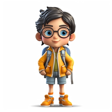 generate cute semi-realistic 3d adventurist asian little non-binary kid clipart, isolated on white background
