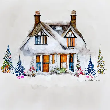 christmas, cute English country cottage, symmetrical, winter, snow, watercolor, clipart