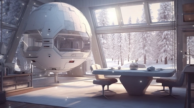 movie clip scene , shimmering lights and shadows over living room studio and kitchen open concept photographic high definition render, cold blinding shinny white winter light god rays shadows shimmering closeup detail concept art detailed painting with giant spaceship window of a cool industrial living quarters spaceship , huge over window with gorgeous galactic view, happy blade runner android, cool airvehicle cockpit, living bedroom office, droid parts in shinny clothes sitting on a fresco con