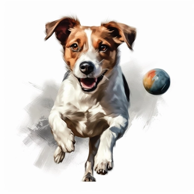 create clipart featuring ultra realistic and playful dog, oil paint on white background engaged in various activities, such as playing, sleeping, eating, jumping