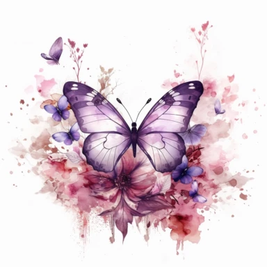 clipart, light purple butterfly on top of flowers around it, solid white background, in the style of ethereal illustrations, mende art, kimoicore, romantic emotivity, nouveau réalisme, rich and immersive, soft color, wedding theme, watercolor